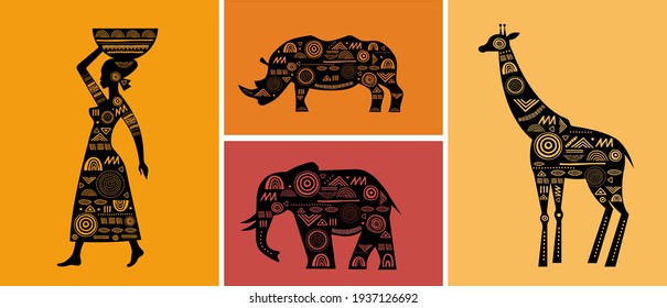 Africa banner with elements - patterned giraffes, elephant, African map, woman and rhino horn, black and white tribal banner