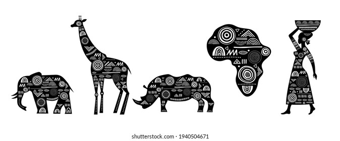 Africa banner with elements - patterned giraffes, elephant, African map, woman and rhino horn, black and white tribal banner