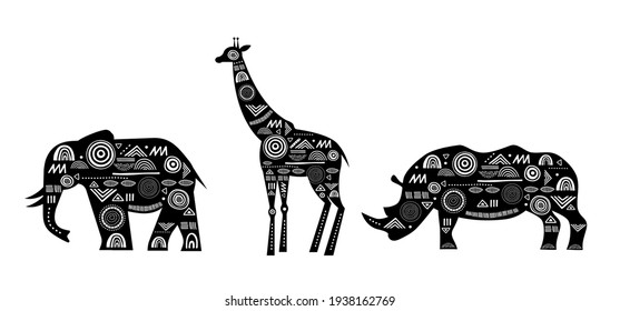 Africa banner with patterned giraffes, elephant and rhino horn, black and white tribal banner