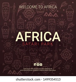 Africa banner. Safari Park. Colorful illustration with hand draw doodle Background