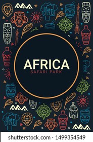 Africa banner. Safari Park. Colorful illustration with hand draw doodle Background