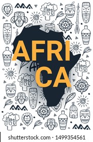 Africa banner. Safari Park. Colorful illustration with hand draw doodle Background