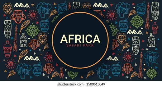 Africa banner. Safari Park. Colorful illustration with hand draw doodle Background