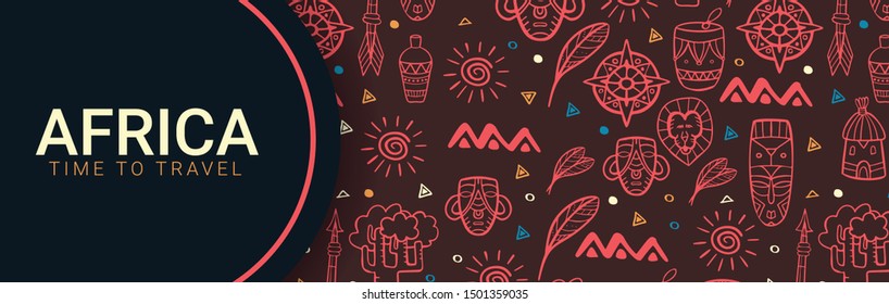 Africa banner. Safari Park. Colorful illustration with hand draw doodle Background