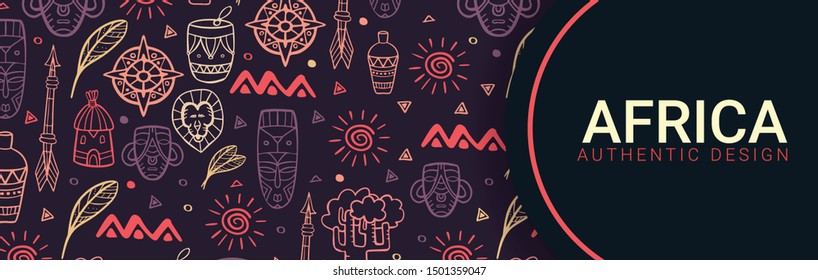 Africa banner. Safari Park. Colorful illustration with hand draw doodle Background