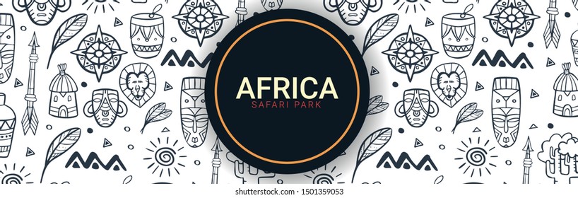 Africa banner. Safari Park. Colorful illustration with hand draw doodle Background