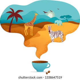 Africa banner, vector illustration of coffee cup with safari landscape and animals