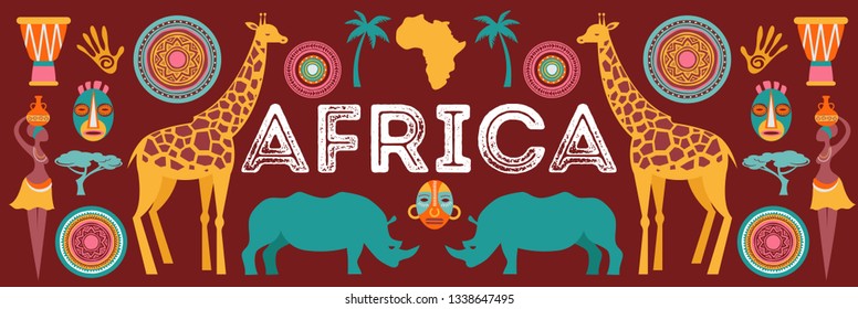 Africa banner, vector illustration of Safari, animals, tribal symbols