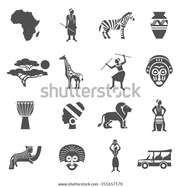 Afrika Schwarz Weiss Symbole Mit Afrikanischen Menschen Und Stock Vektorgrafik Lizenzfrei