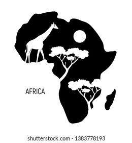 Africa. Black and white map of Africa continent with silhouette giraffe. Vector illustration