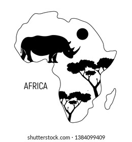 Africa. Black and white map of Africa continent with silhouette rhinoceros. Vector illustration