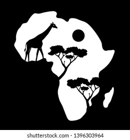 Africa. Black and white map of Africa continent with silhouette giraffe. Vector illustration