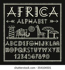 Africa Brush Alphabet. African Animals - Elephant Giraffe. Hand Drawn Vector Elements And Icon. Primitive Old Simple Stylized Isolated Design. Graphic Handwritten Font