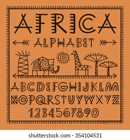 Africa Brush Alphabet. African Animals - Elephant Giraffe. Hand Drawn Vector Elements And Icon. Primitive Old Simple Stylized Isolated Design. Graphic Handwritten Font