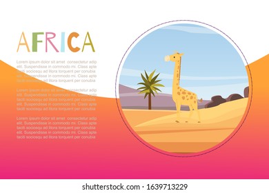 Africa with cartoon flat african animal giraffe vector illustration banner for kids. African fairy childish landscape and typography for kindergarten.