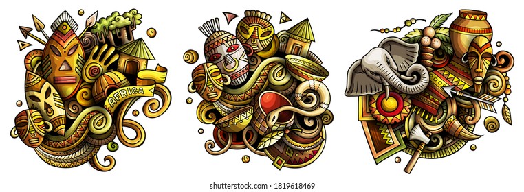 Africa cartoon vector doodle designs set. Colorful detailed compositions with lot of african objects and symbols. Isolated on white illustrations