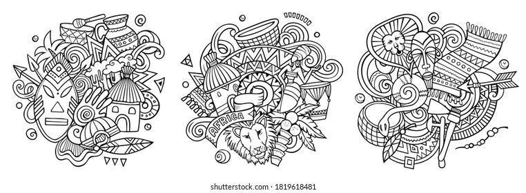 Africa cartoon vector doodle designs set. Sketchy detailed compositions with lot of african objects and symbols. Isolated on white illustrations