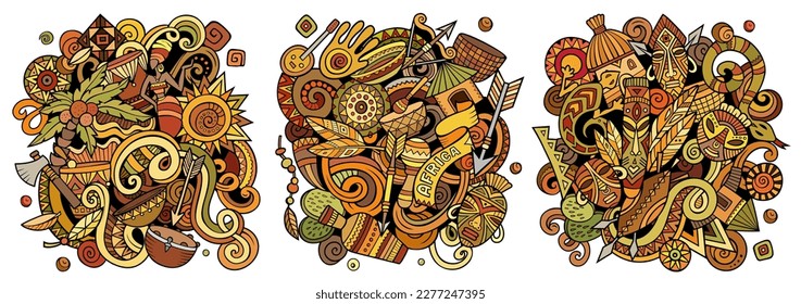 Africa cartoon vector doodle designs set. Colorful detailed compositions with lot of african objects and symbols. Isolated on white illustrations