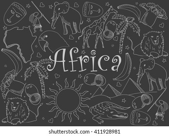 Africa chalk line art design vector illustration. Separate objects. Hand drawn doodle design elements.