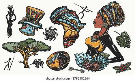 Conjunto de elementos gráficos de color de África. Colección vectorial de tatuajes. Mujer africana en turbante tradicional, kalimba, mapa, tambor. Tradición, gente y cultura. Niña afro étnica. Tribu negra