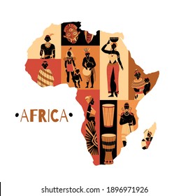 Afrika-Komposition mit bearbeitbarem Text und Bild des afrikanischen Kontinents mit antiken Bildern von Schwarzen Vektorgrafik