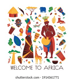 Africa composition with editable text and isolated icons of animals masks exotic plants and african people vector illustration