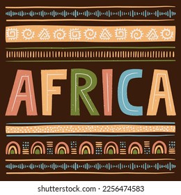 Africa concept with hand lettering text. Stylised African Pattern on dark background. Ethnic and Tribal Motifs. Hand drawn. Horizontal stripes. For banner, poster, flyer. Vector illustration.