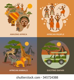  Africa Concept Icons Set With African People Animals And Safari Symbols Flat Isolated Vector Illustration 