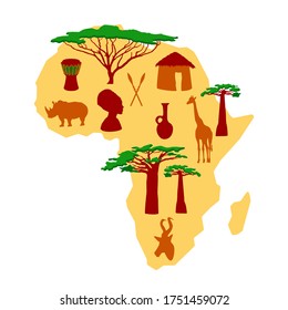 Africa concept with sketch african symbols in continent shape vector illustration.African icon set. Map of Africa, music, animals, people, Safari, travel and adventure. 