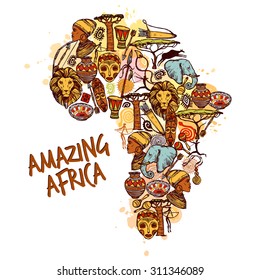 Africa Concept With Sketch African Symbols In Continent Shape Vector Illustration