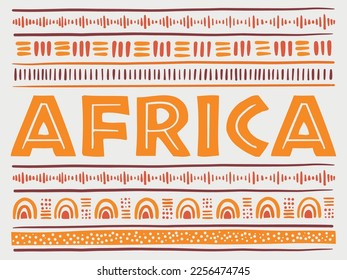 Afrikanisches Konzept. Stilvolles afrikanisches Muster auf hellem Hintergrund. Ethnische und Stammesmotive. Handgezeichnet. Horizontale Streifen. Für Banner, Poster, Flyer. Vektorgrafik.