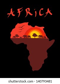 Africa Continent with elephant sunset - Vector Illustration