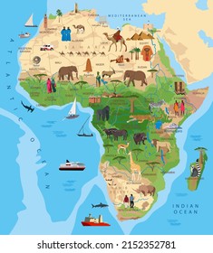 Africa continent. Africa guide. Tourist card with animals and sights