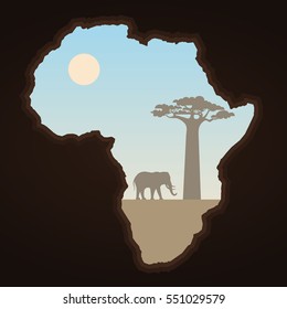 Africa continent and landscape. Abstract map element. Elephant and baobab silhouettes. African Nature vector illustration.