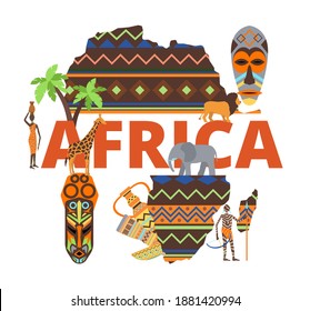 Africa Continent Map, African Travel Design Background Concept, Vector Illustration. Safari Culture Banner, Outline With Desert, Animal And Tree. Traditional South Poster, Sahara Wildlife.