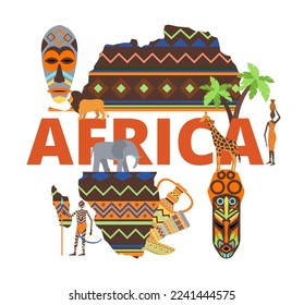 Mapa del continente africano, concepto de fondo del diseño africano de viajes, ilustración vectorial. Banner de cultura safari, contorno con desierto, animal y árbol.