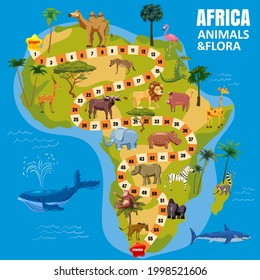 Africa continent map board game with set tropical animals, jungle flora for kids. Vector cartoon illustration