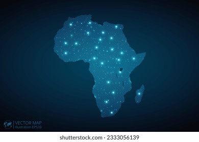 Mapa de África Continente patrón radial de puntos en estilo futurista, diseño de contorno de círculo azul brillante hecho de estrellas. concepto de comunicación sobre fondo azul oscuro. EPS10 vectores