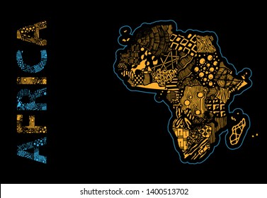 Africa continent map. Sketch hand drawn. Yellow Blue. Doodle style freehand. Abstract map element with zentangle style ornament. Abstract colored map isolated on black. Vector illustration.