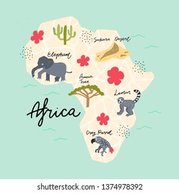 Africa Continent Map. Vector illustration. Hand painted Premade concept made in funny doodle style. Cartography for cards, banners and merch design.