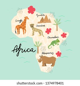 Africa Continent Map. Vector illustration. Hand painted Premade concept made in funny doodle style. Cartography for cards, banners and merch design.