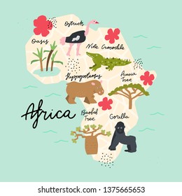 Africa Continent Map. Vector illustration. Hand painted Premade concept made in funny doodle style. Cartography for cards, banners and merch design.