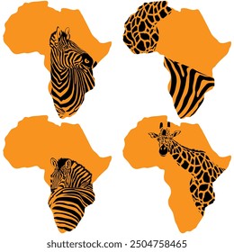 Africa continent map with zebra and giraffe