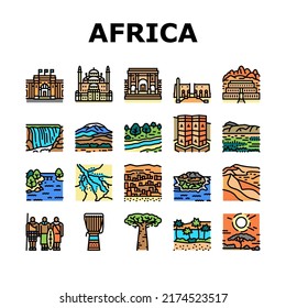 Africa Continent Nation Treasure Icons Set Vector. Drum Africa Traditional Musician Instrument And Serengeti National Park, Suleiman Pasha Mosque And Bandiagara Town Color Illustrations