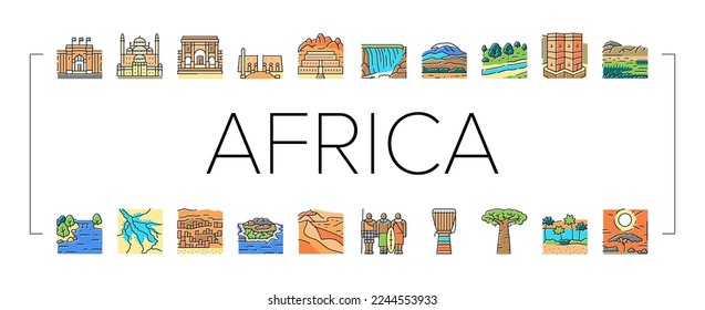 Africa Continent Nation Treasure Icons Set Vector. Drum Africa Traditional Musician Instrument And Serengeti National Park, Suleiman Pasha Mosque And Bandiagara Town Color Illustrations