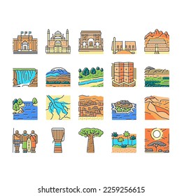 Africa Continent Nation Treasure Icons Set Vector. Drum Africa Traditional Musician Instrument And Serengeti National Park, Suleiman Pasha Mosque And Bandiagara Town Color Illustrations