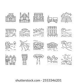 Africa Continent Nation Treasure Icons Set Vector. Drum Africa Traditional Musician Instrument And Serengeti National Park, Suleiman Pasha Mosque And Bandiagara Town Black Contour Illustrations