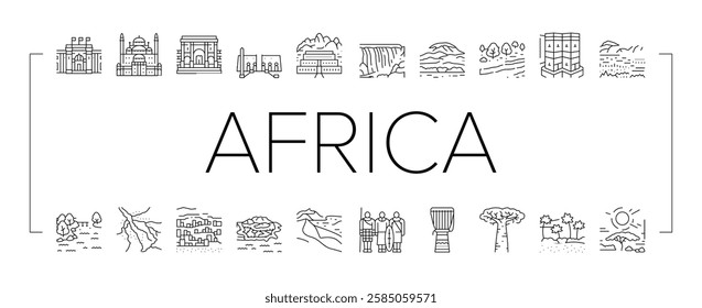 Africa Continent Nation Treasure Icons Set Vector. Drum Africa Traditional Musician Instrument And Serengeti National Park, Suleiman Pasha Mosque And Bandiagara Town Black Contour Illustrations