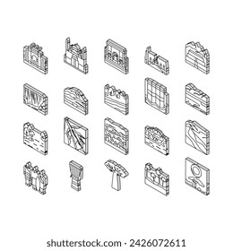 Africa Continent Nation Treasure isometric icons set. Drum Africa Traditional Musician Instrument And Serengeti National Park, Suleiman Pasha Mosque And Bandiagara Town Color