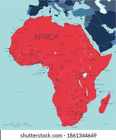 Africa continent vector map with countries and cities. Vector editable illustration. Trending color scheme